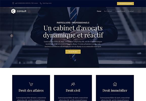 Page d'accueil du template Consult : fond bleu nuit, titre à empattements « Un cabinet d'avocats dynamique et réactif », trois cartes de domaines de compétence