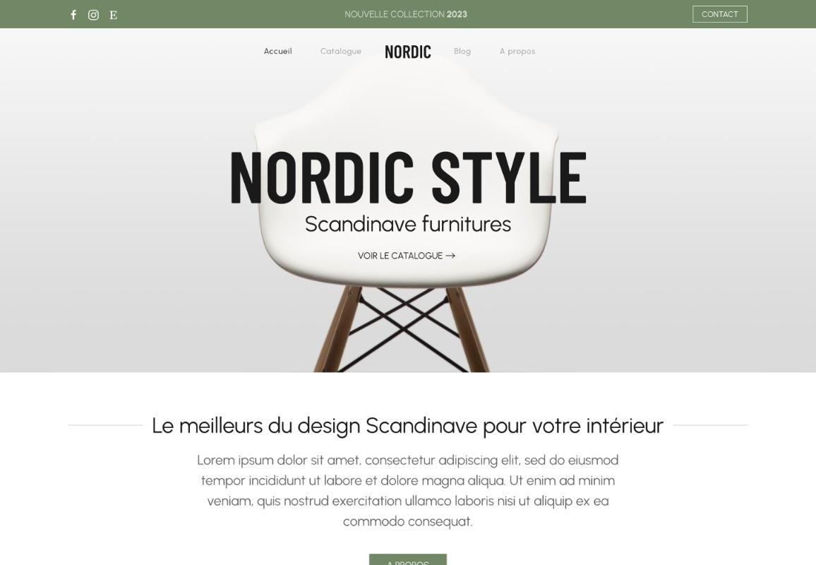 Page d'accueil du template Nordic : chaise design blanche en plein écran sous un bandeau vert sauge, titre Nordic Style en capitales
